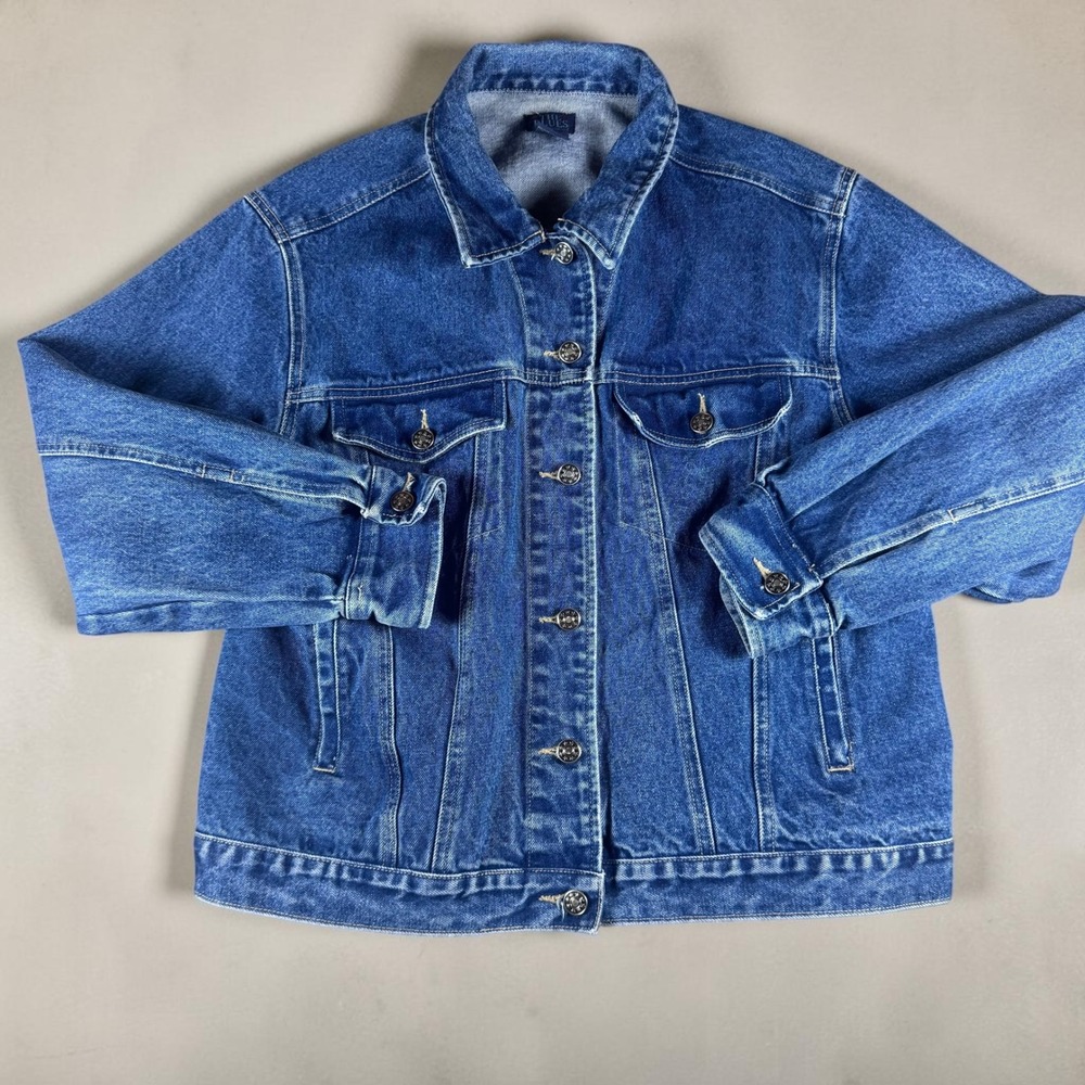 The Blues VTG Denim Trucker Utility Jacket Medium Wash 100% Cotton Mens Large